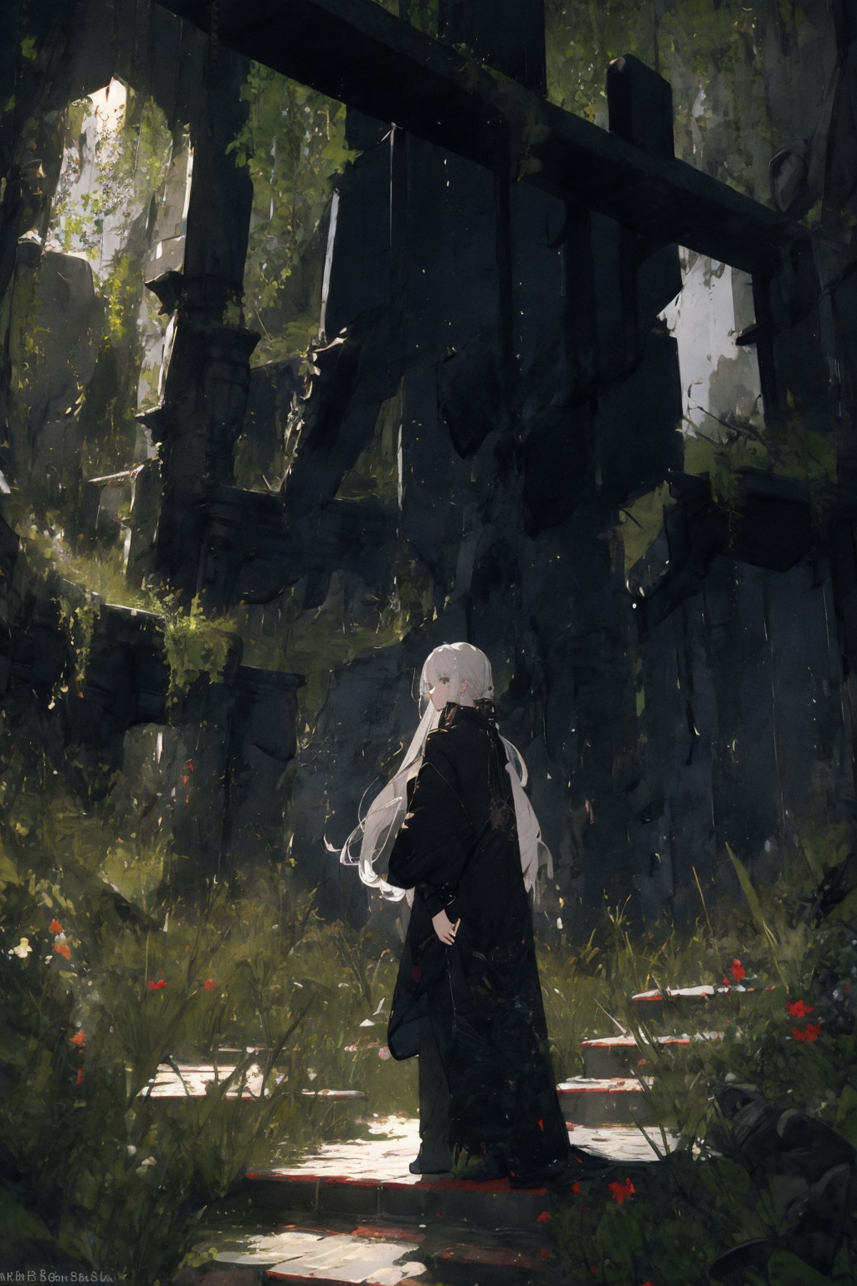 (masterpiece:1.2), best quality,realistic,
1girl, scenery, solo, stairs, long hair, ruins, standing, from behind, outdoors...